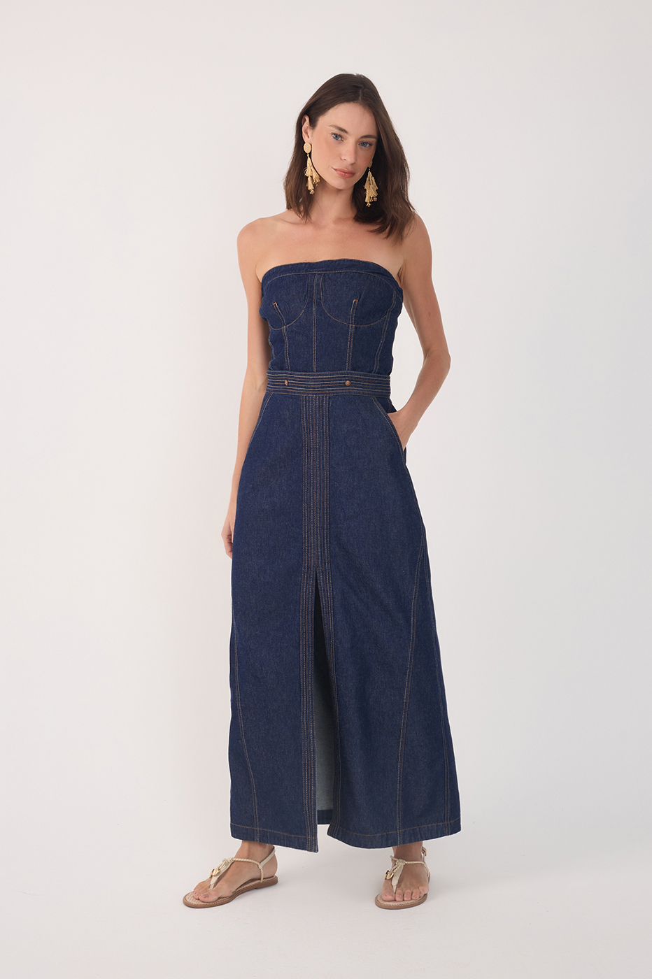 Denim Strapless Side Pockets Maxi Dress_2