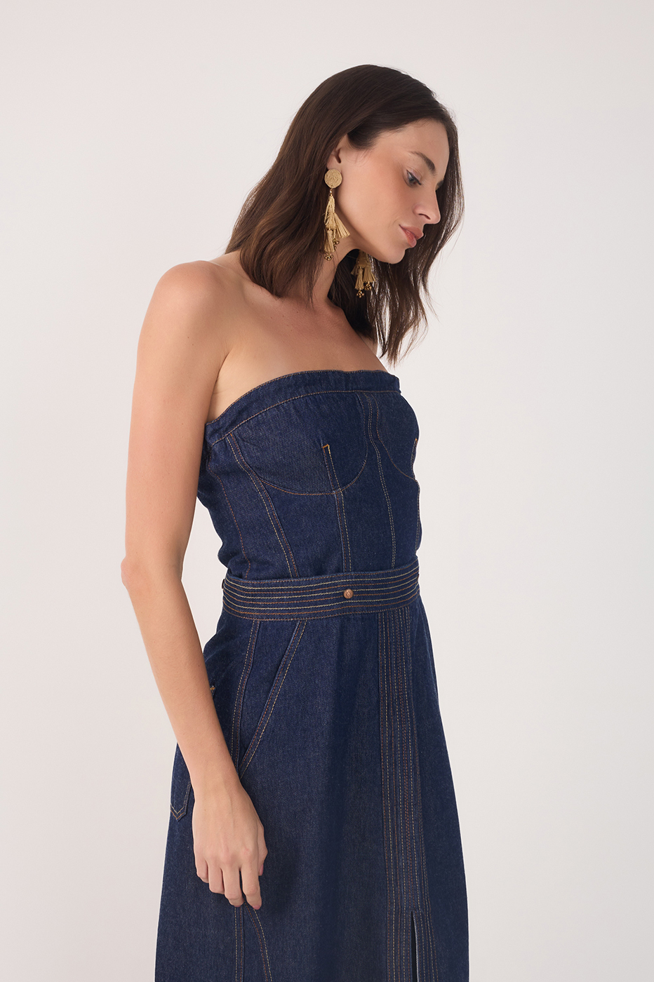 Denim Strapless Side Pockets Maxi Dress_3