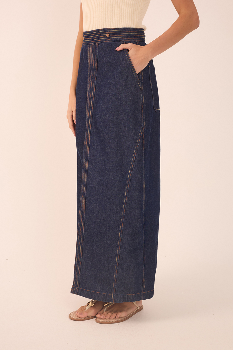 Denim Strapless Side Pockets Maxi Dress_6