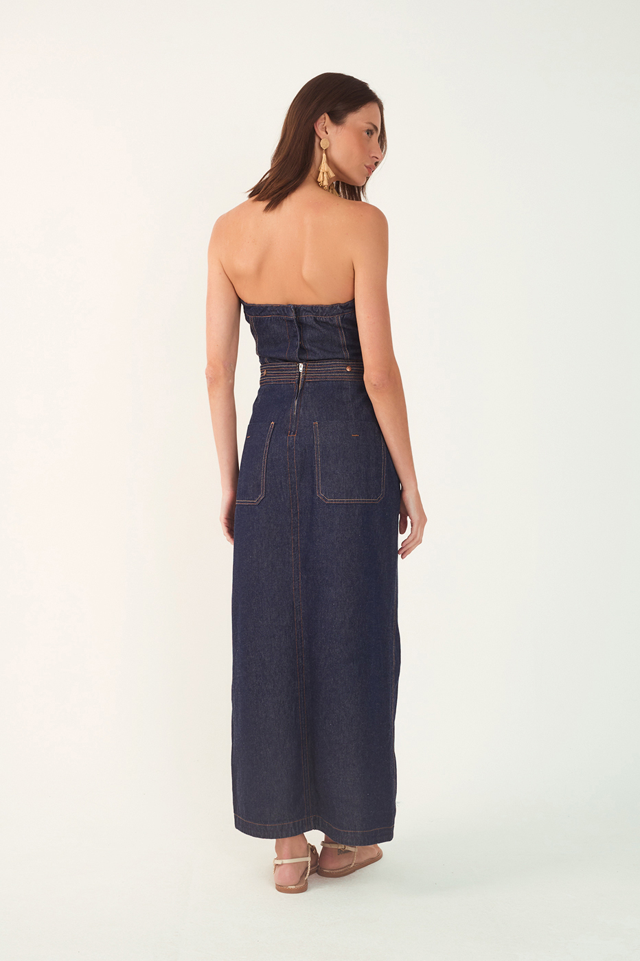 Denim Strapless Side Pockets Maxi Dress_7