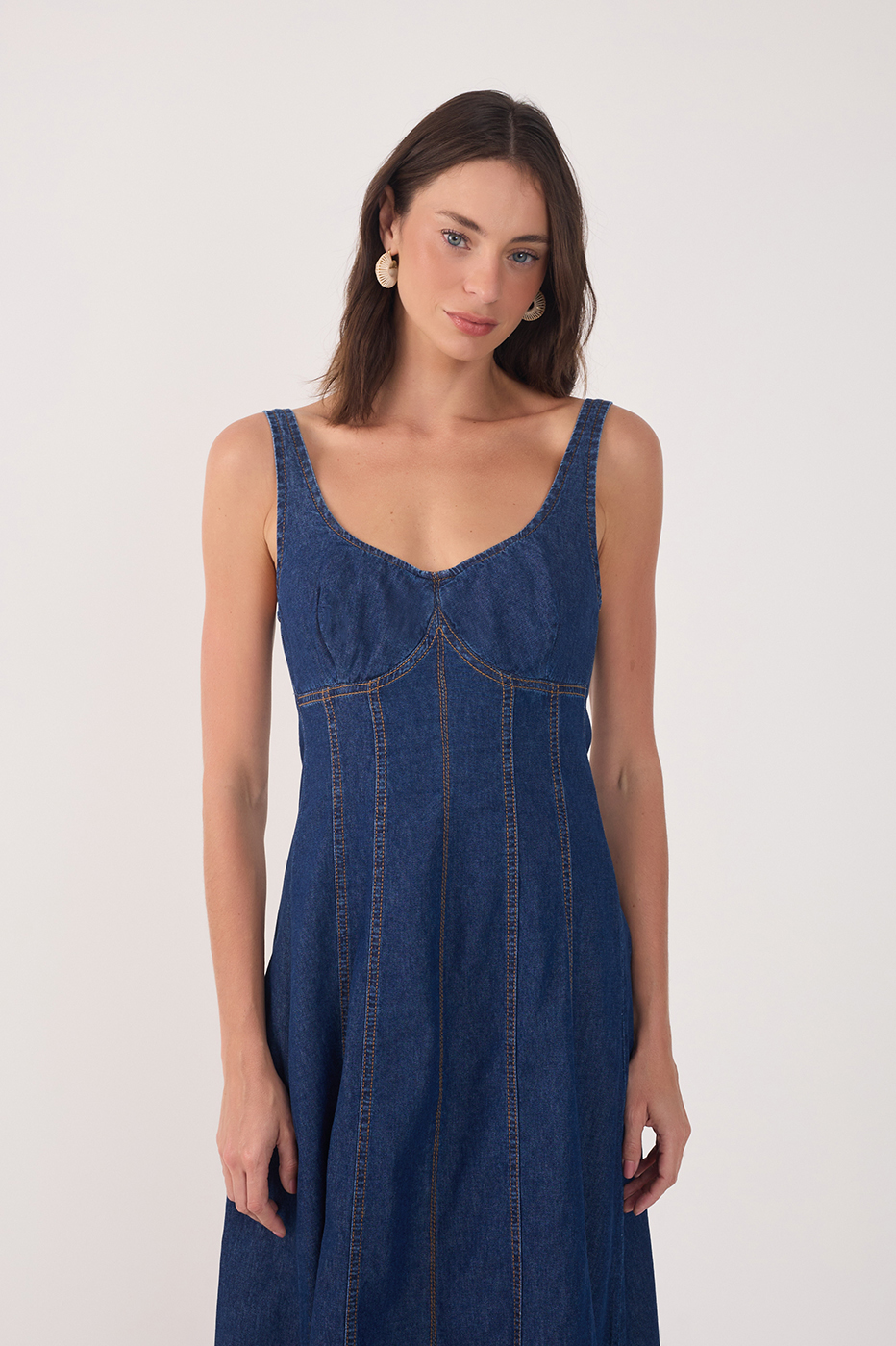 Denim Topstitching Sleeveless Midi Dress_3