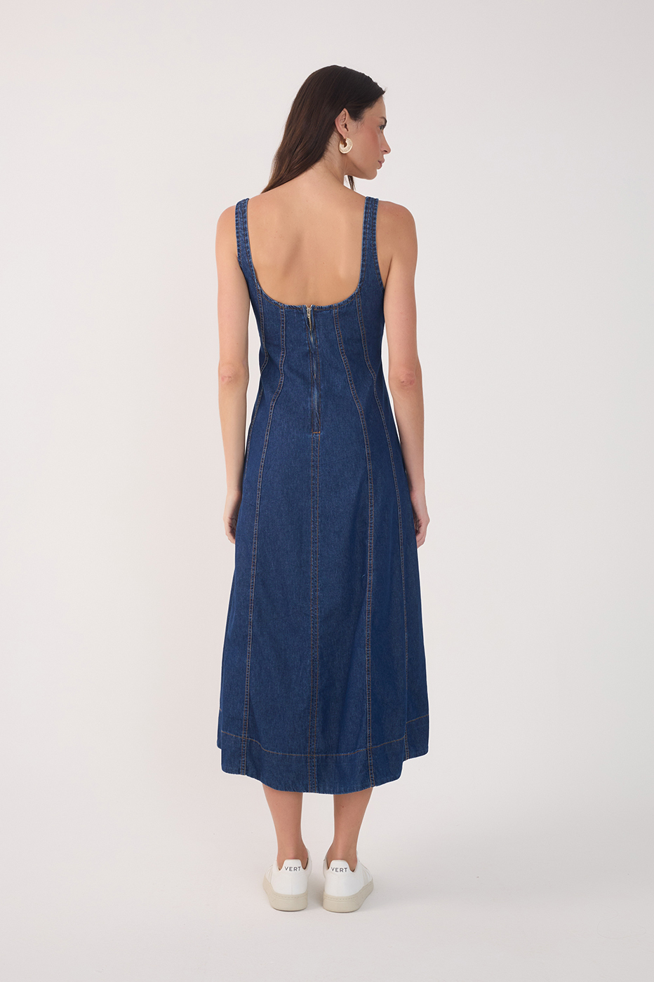 Denim Topstitching Sleeveless Midi Dress_5