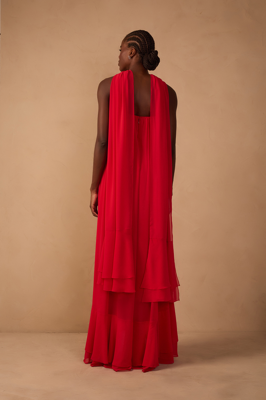Sunset Red Chiffon Strapless Gown with Waist Tie – Thati Amorim Collection_3