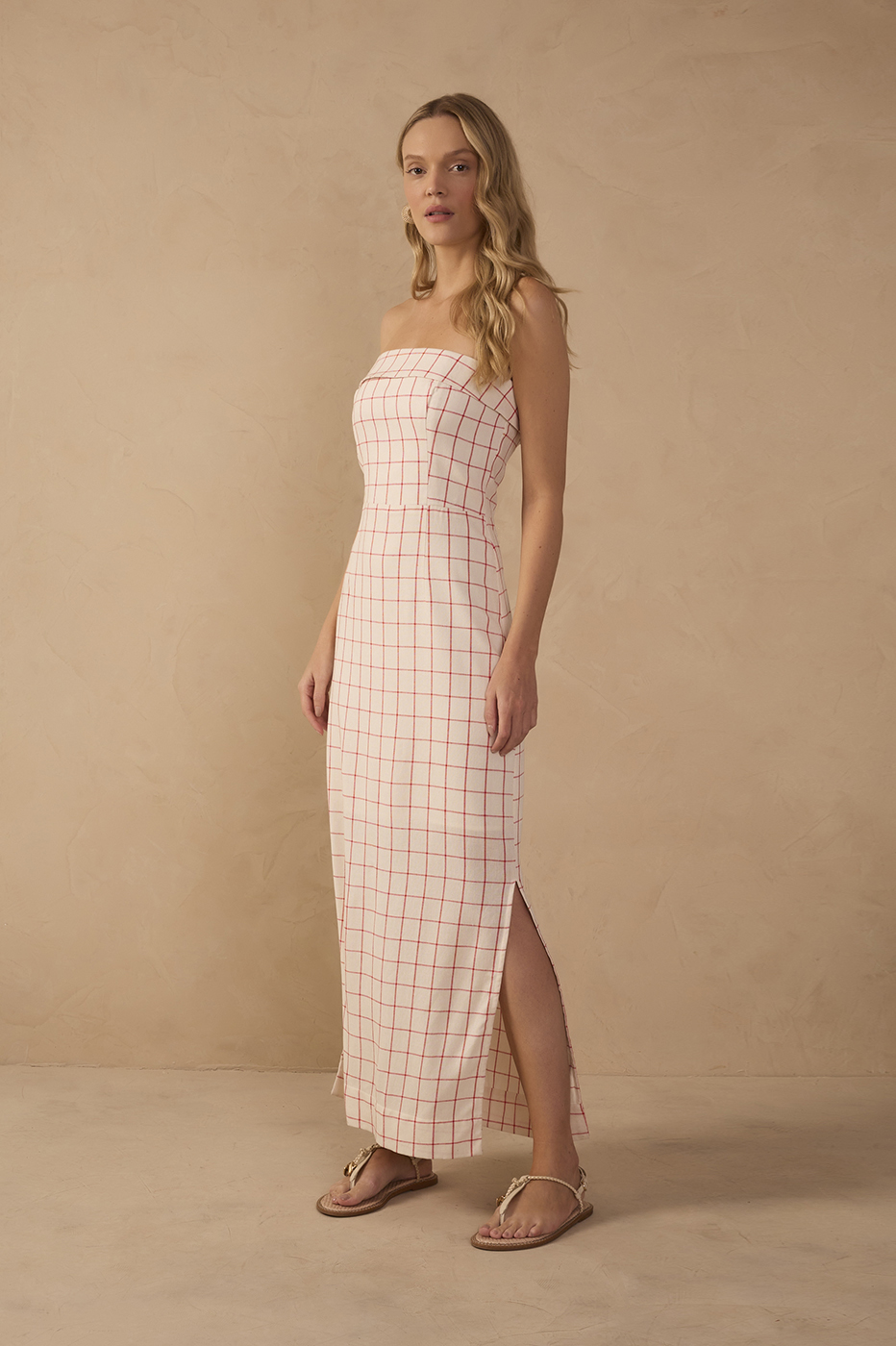 Off-White Plaid Linen Midi Dress_1