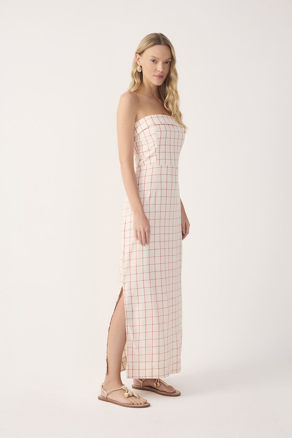 Off-White Plaid Linen Midi Dress_3