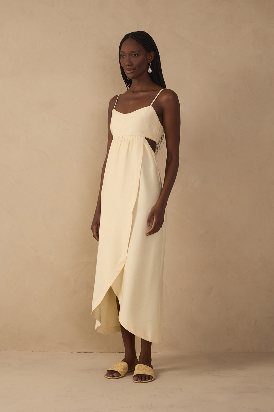 Beige Side Cut-Out Wrap Midi Dress_1