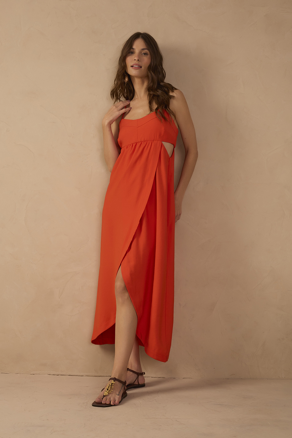 Red Side Cut-Out Wrap Midi Dress_1