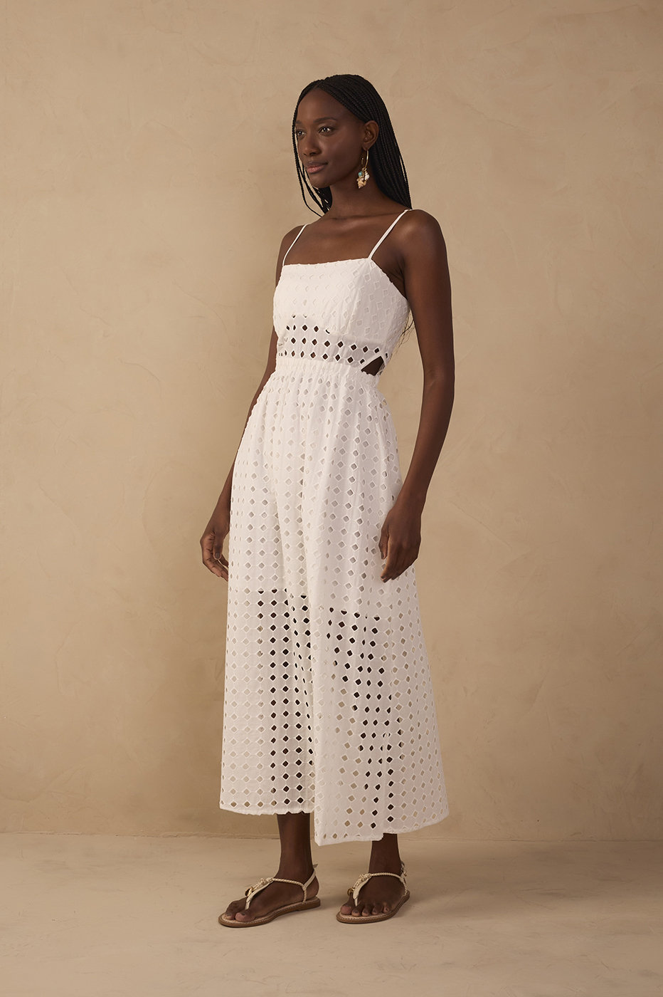 Off-White Eyelet Smocked Midi Dress_1