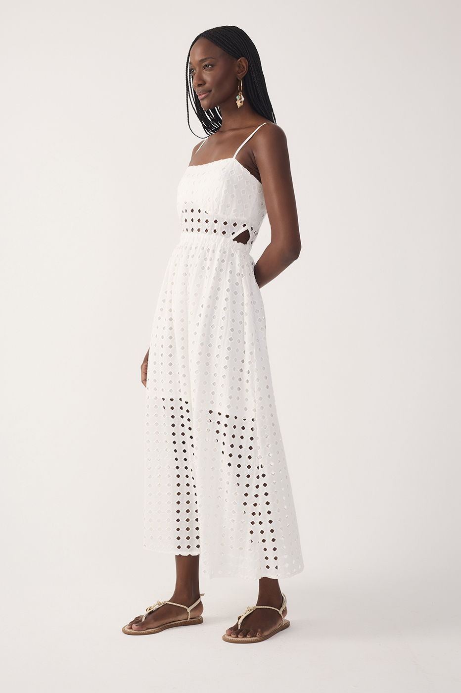 Off-White Eyelet Smocked Midi Dress_3