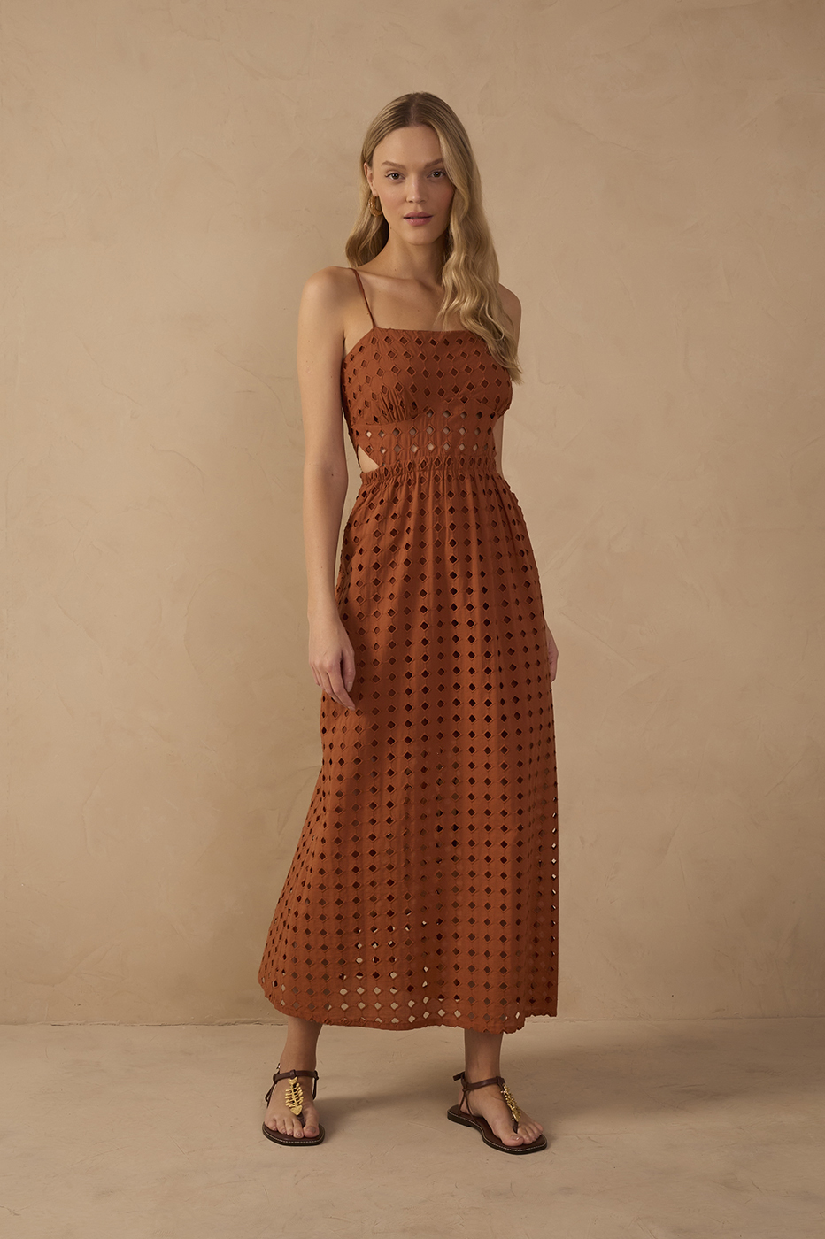 Brown Eyelet Smocked Midi Dress_1