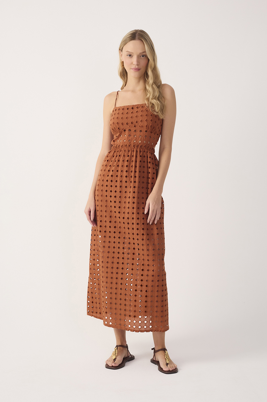 Brown Eyelet Smocked Midi Dress_2