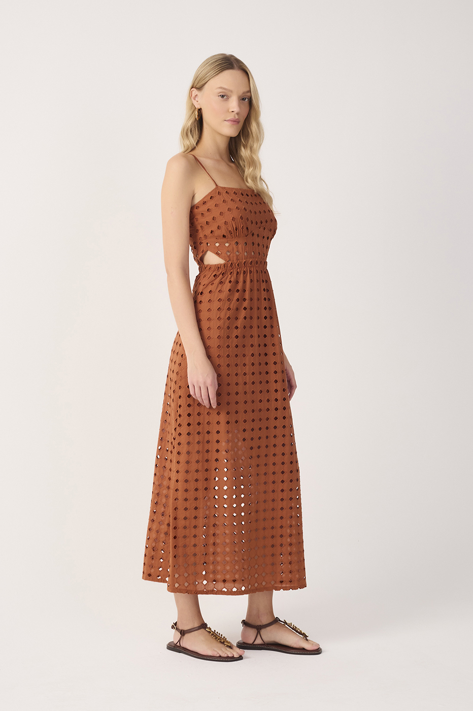 Brown Eyelet Smocked Midi Dress_3