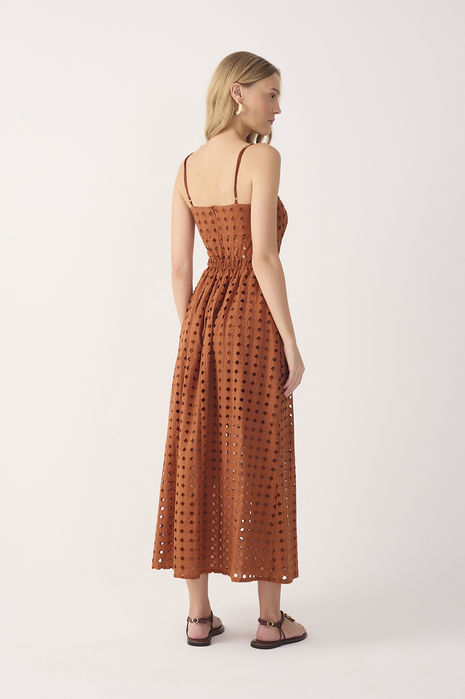 Brown Eyelet Smocked Midi Dress_6