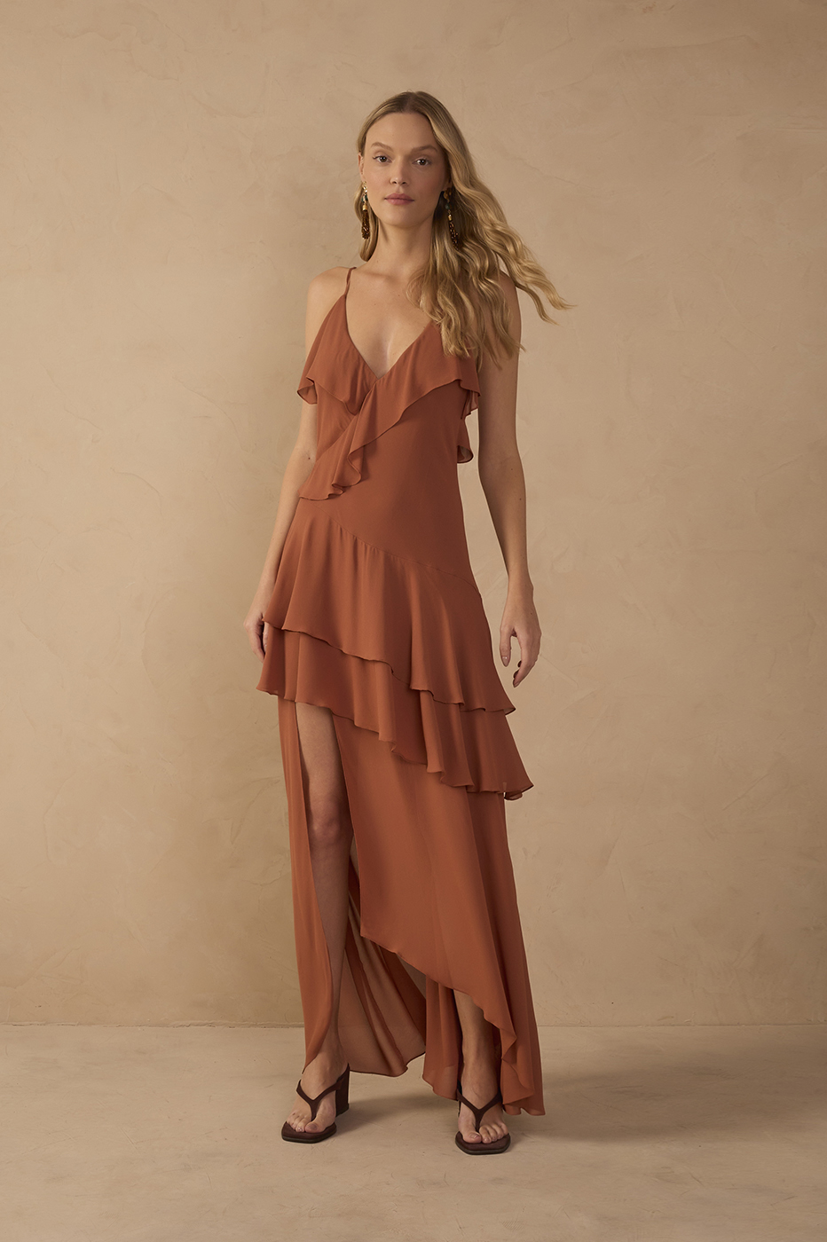 Brown Ruffled Asymmetric Midi Dress_1