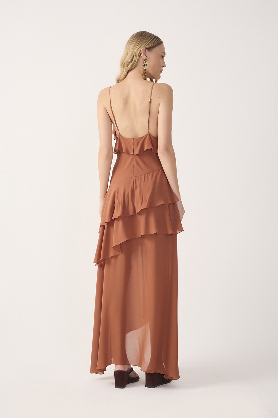 Brown Ruffled Asymmetric Midi Dress_5