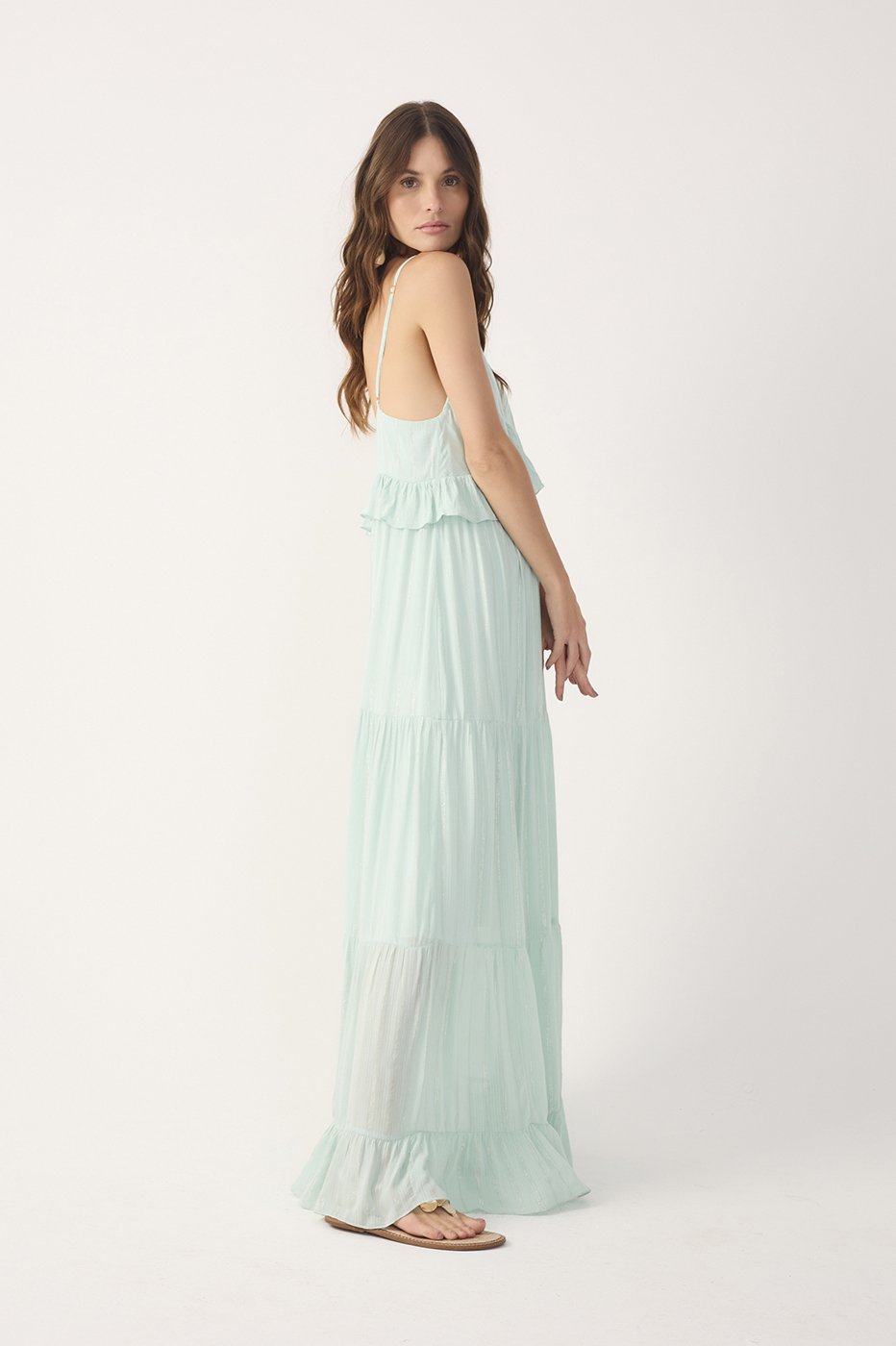 Green Ruffled V Neck Maxi Dress_3