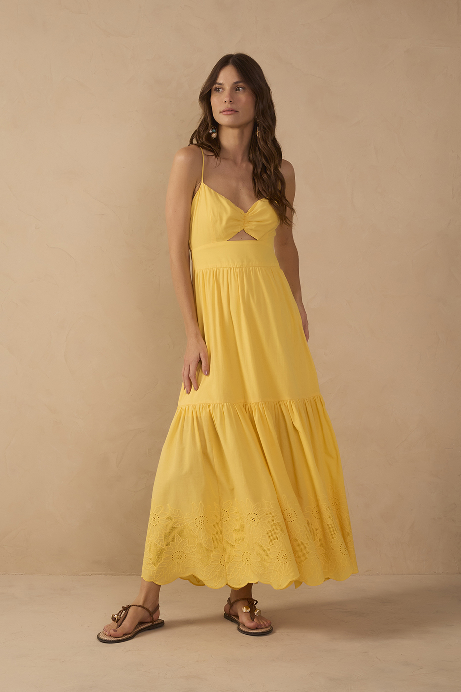 Yellow Ruffled Embroidered Midi Dress_1