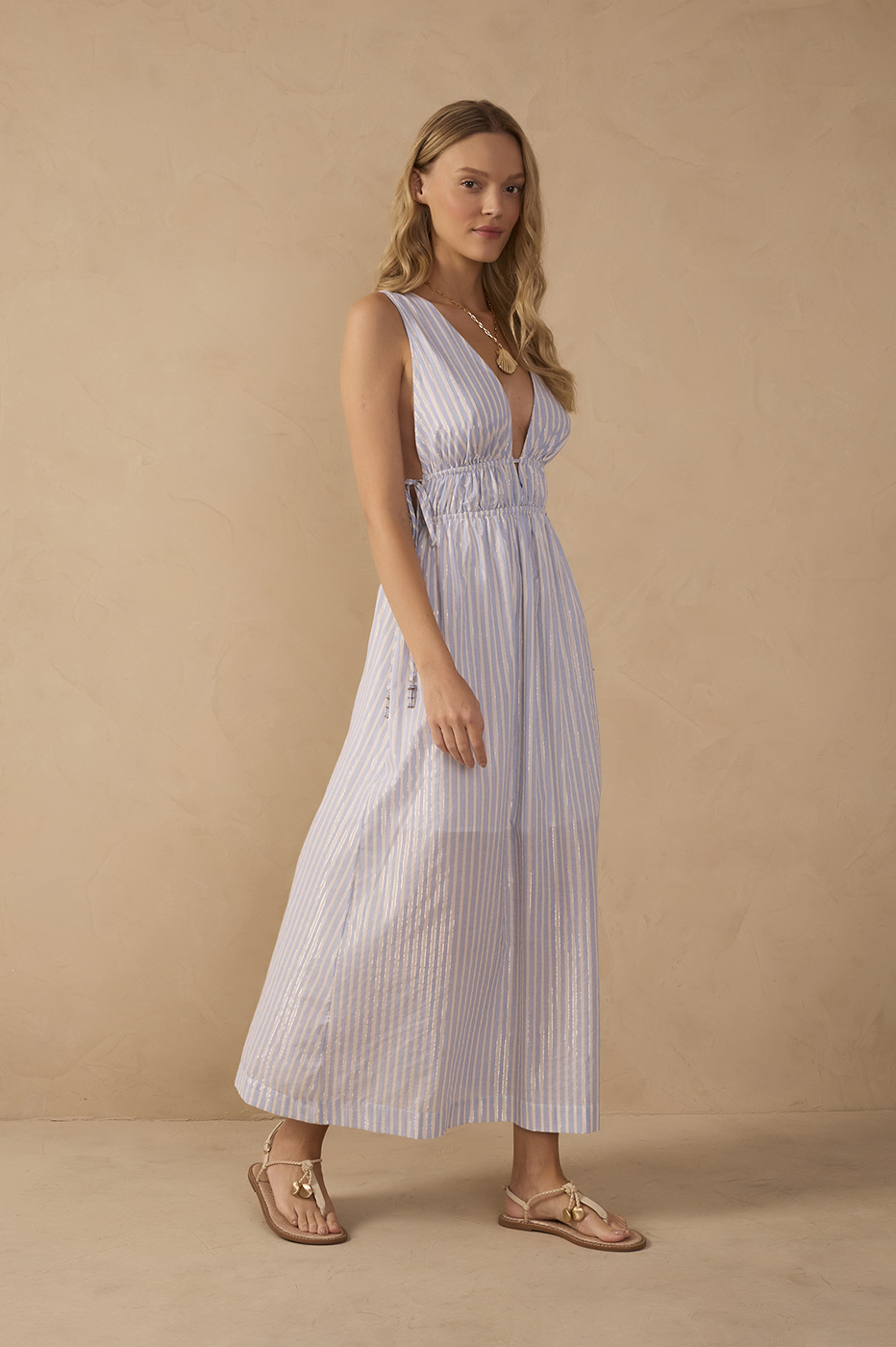 Blue Stripes Lurex V Neck Cotton Midi Dress_1
