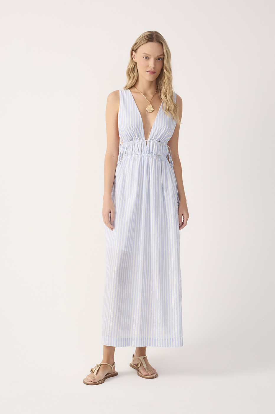 Blue Stripes Lurex V Neck Cotton Midi Dress_2