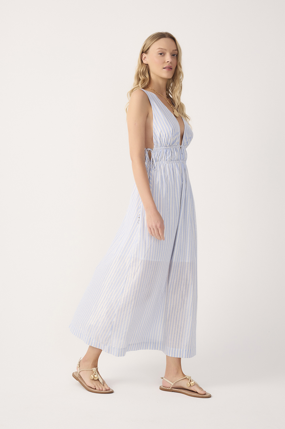 Blue Stripes Lurex V Neck Cotton Midi Dress_3