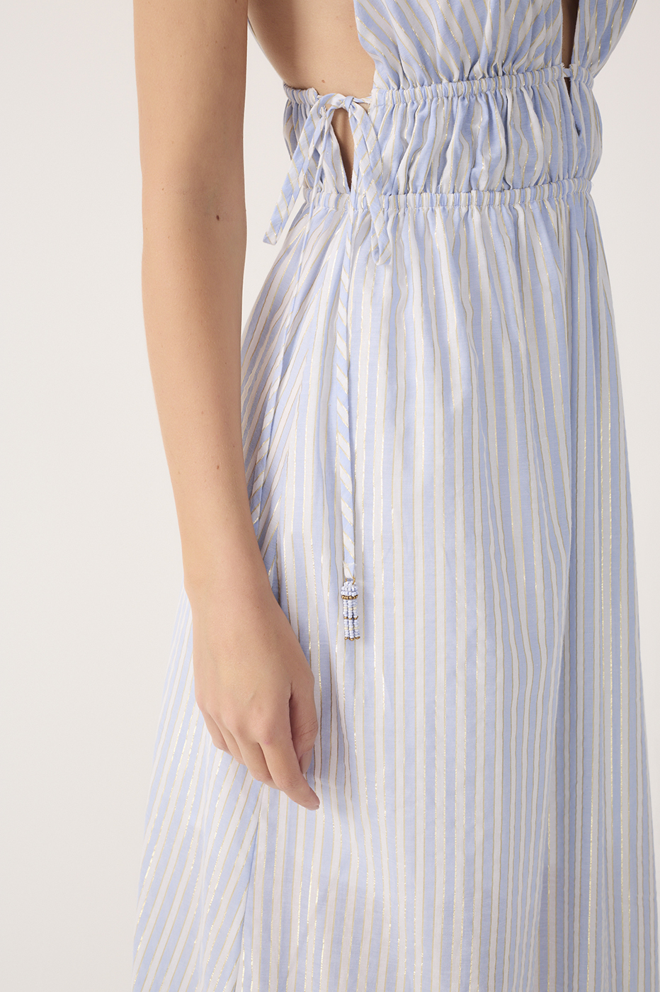 Blue Stripes Lurex V Neck Cotton Midi Dress_5