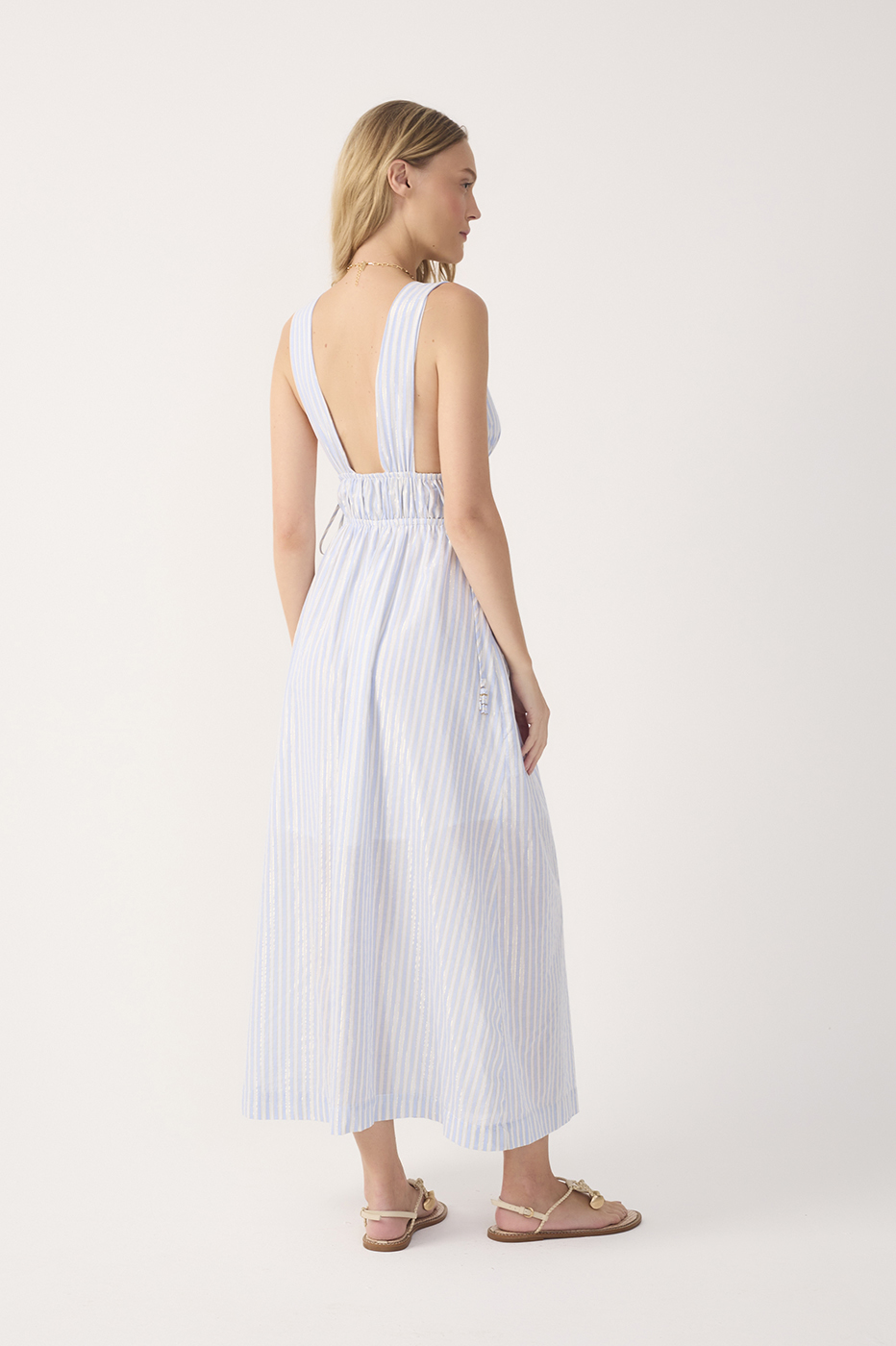 Blue Stripes Lurex V Neck Cotton Midi Dress_6