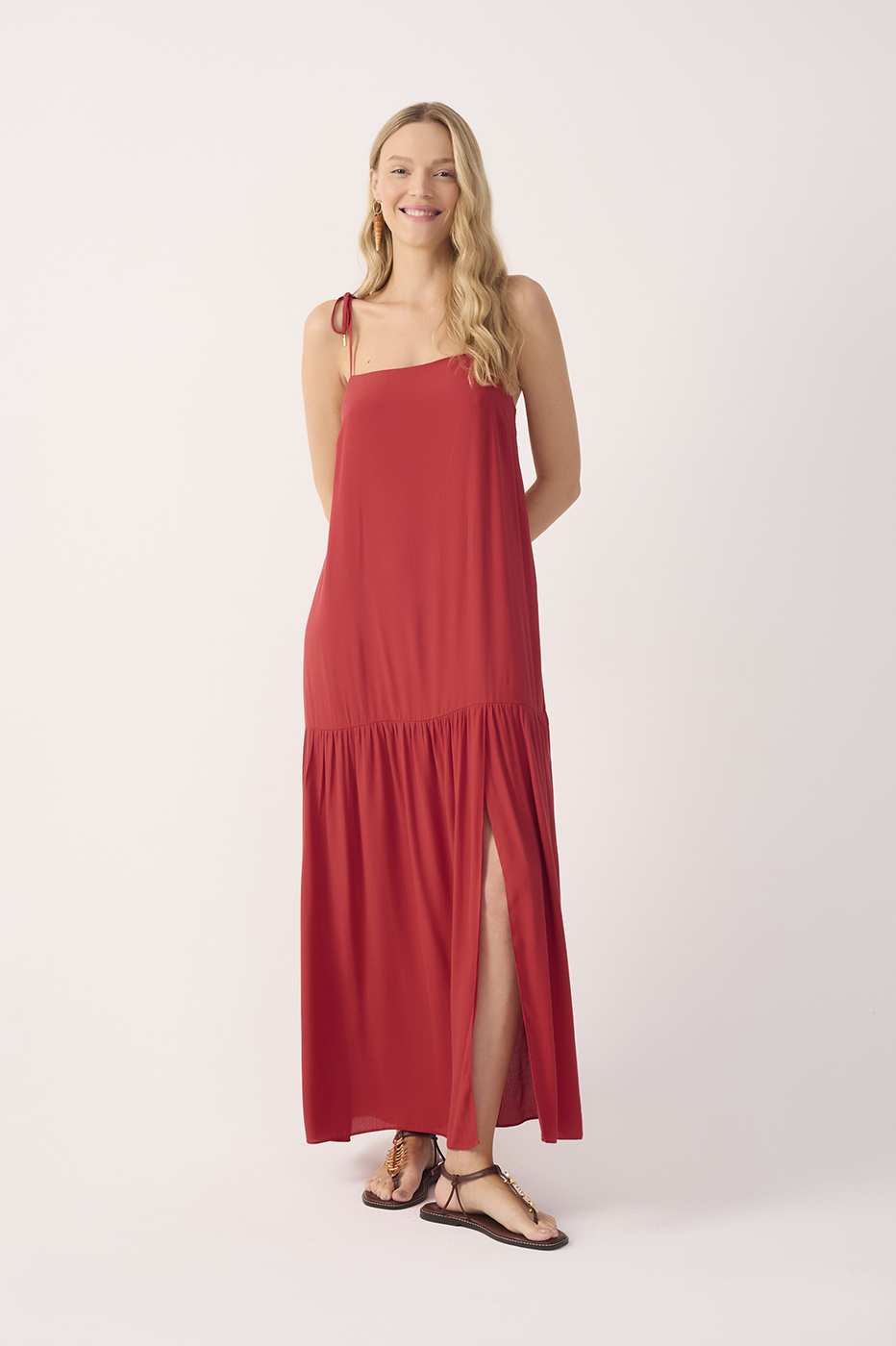 Red Crepe Shoulder Tie Slit Maxi Dress_2