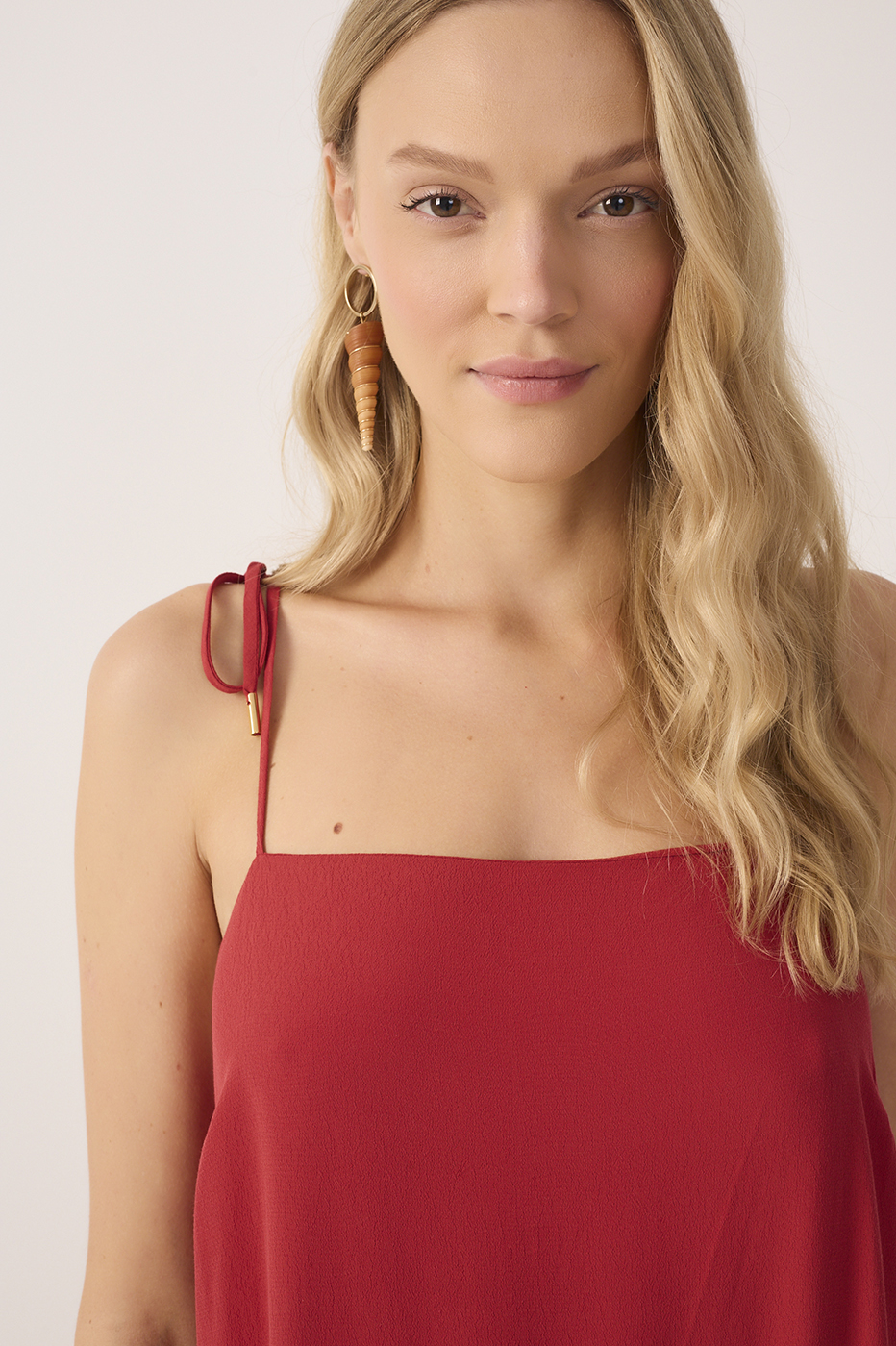 Red Crepe Shoulder Tie Slit Maxi Dress