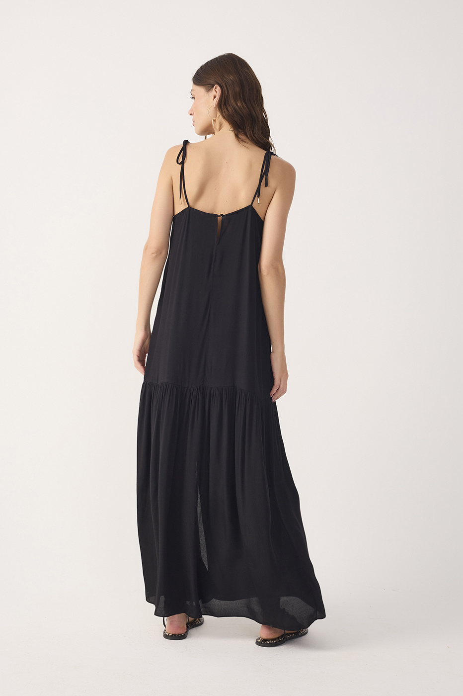 Black Crepe Shoulder Tie Slit Maxi Dress_6