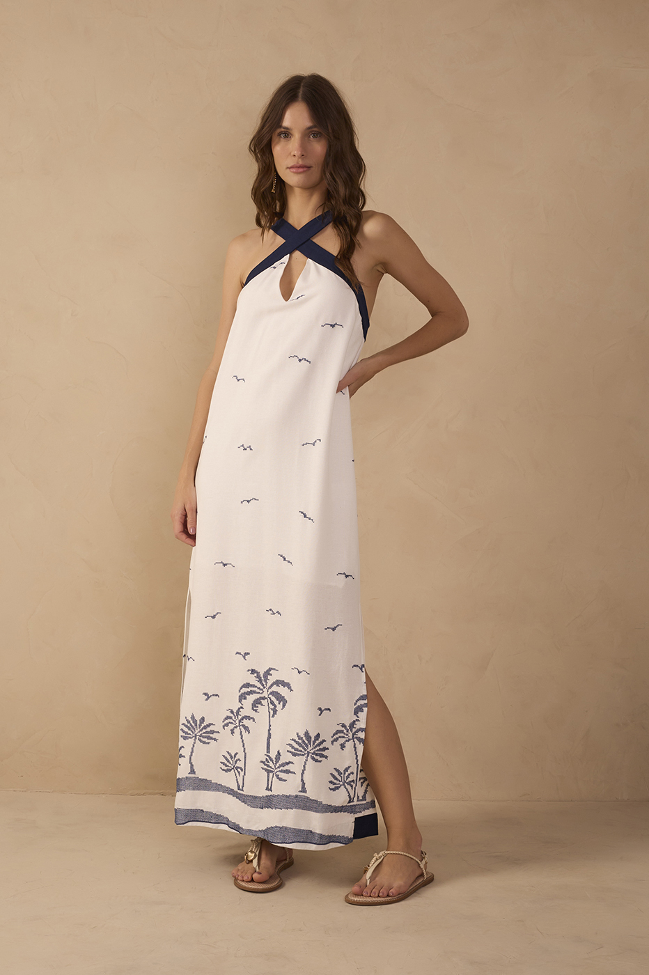 Off-White Embroidered Linen Maxi Dress_1