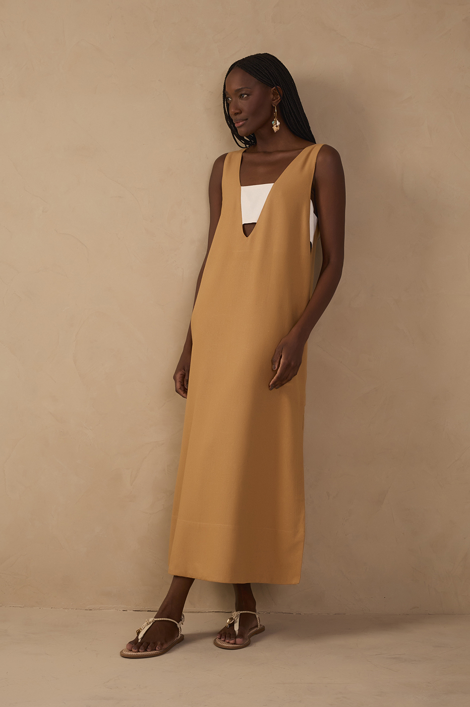 Beige Cut-Out Side Slit Linen Midi Dress_1