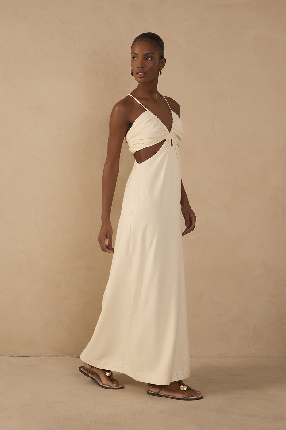 Beige Frayed Bust V Neck Maxi Dress_1