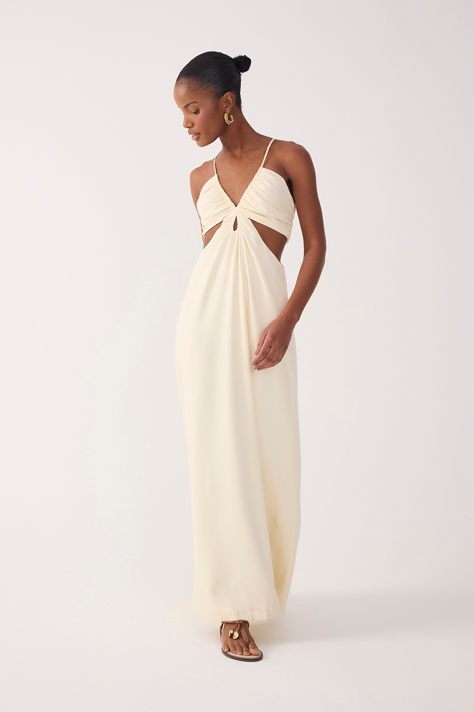 Beige Frayed Bust V Neck Maxi Dress_2
