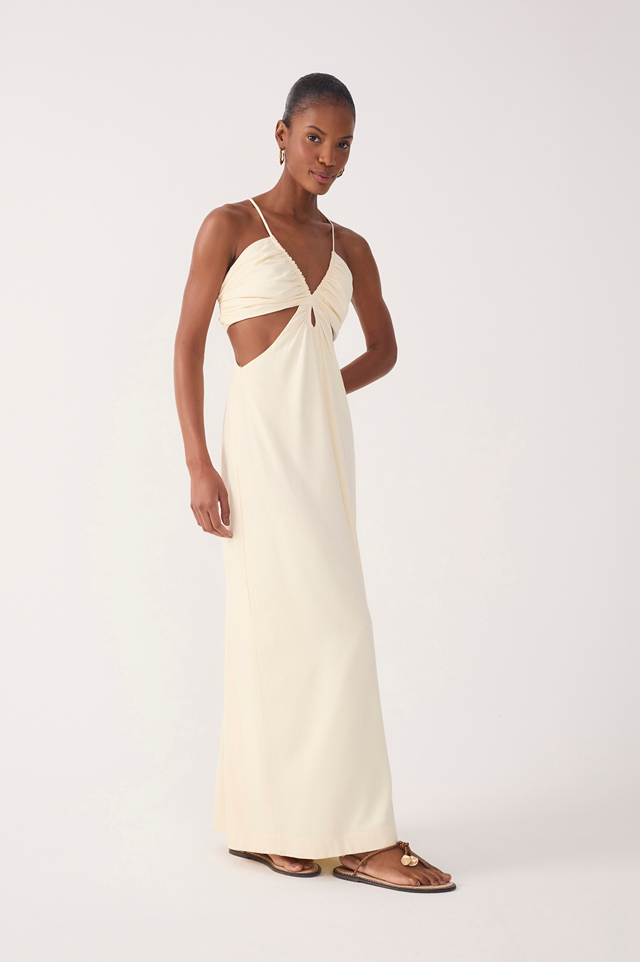 Beige Frayed Bust V Neck Maxi Dress_3