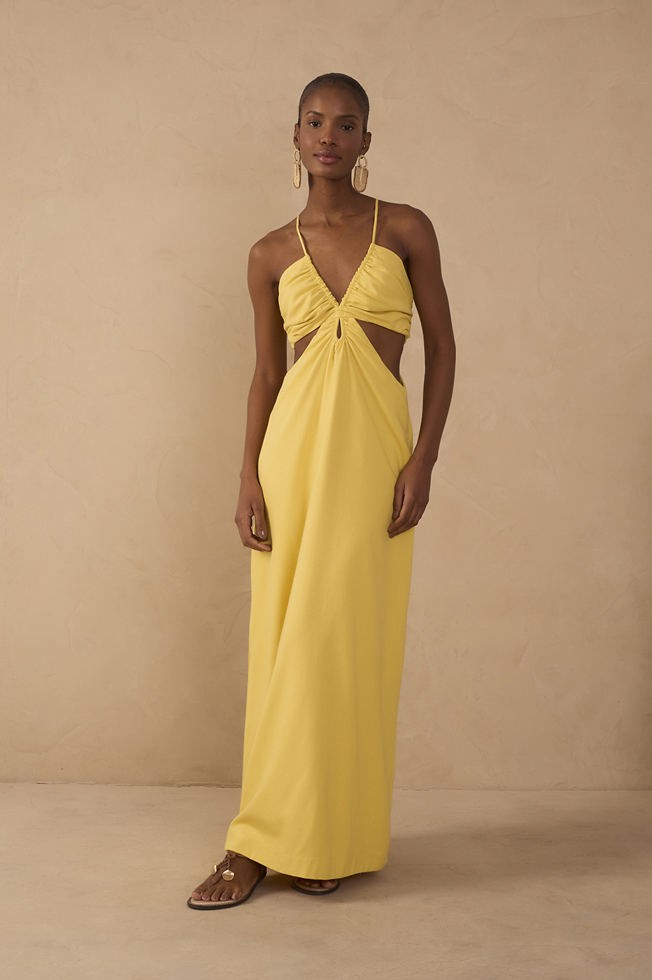 Yellow Frayed Bust V Neck Maxi Dress_1