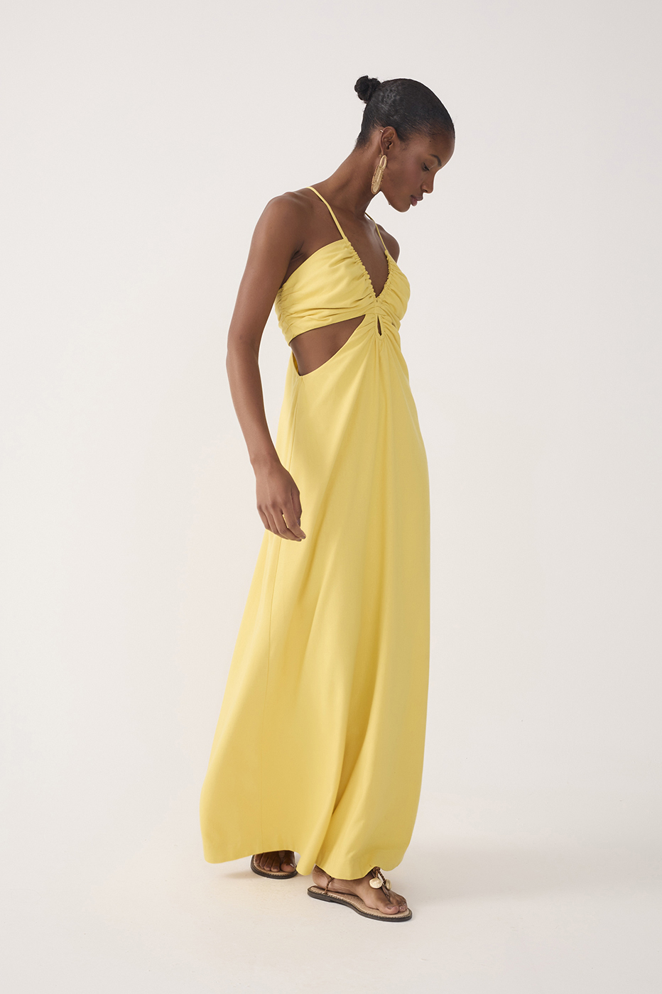 Yellow Frayed Bust V Neck Maxi Dress_3