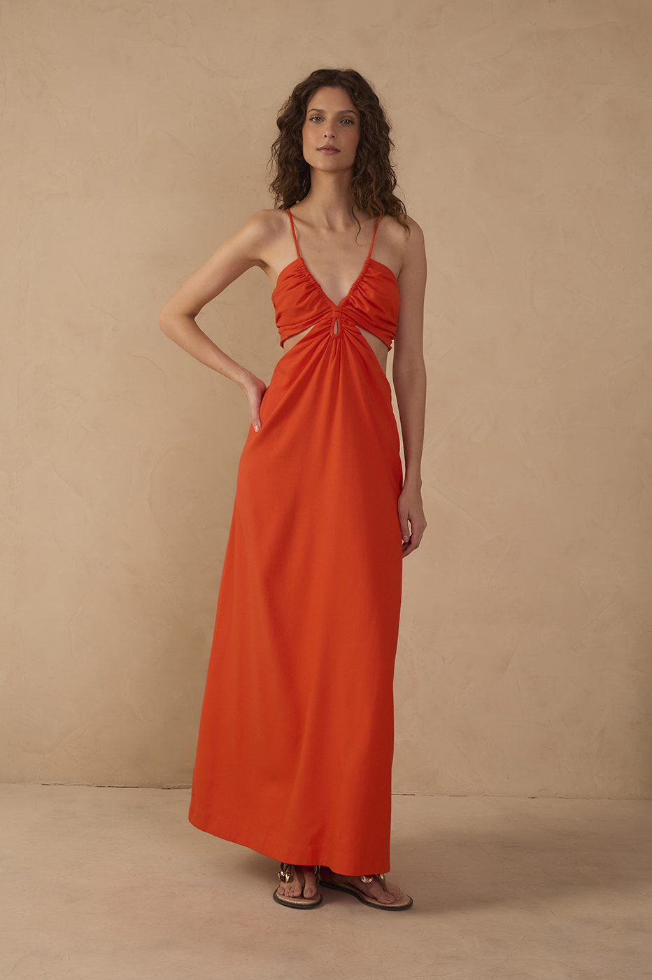 Red Frayed Bust V Neck Maxi Dress_1