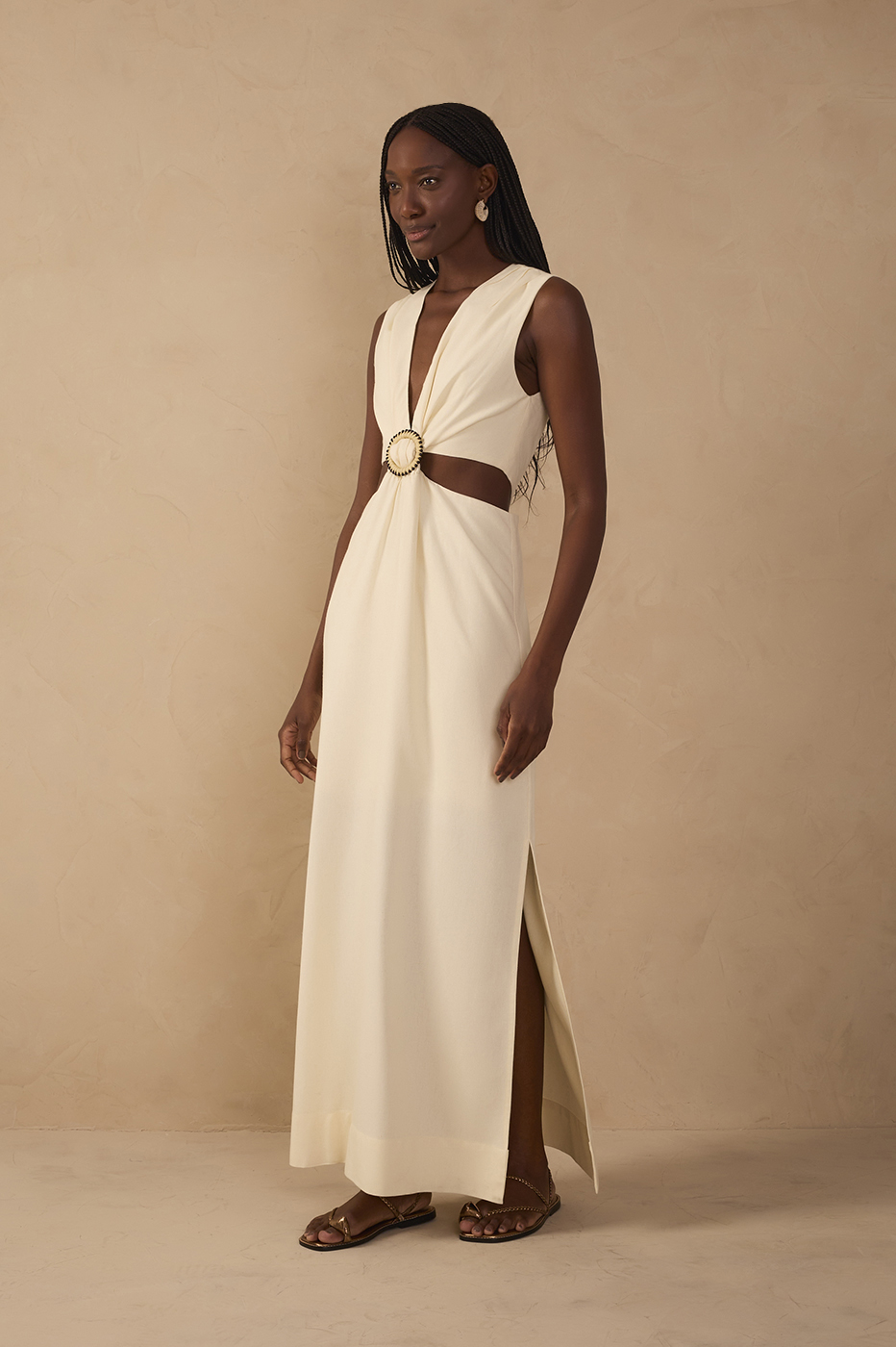 Beige V Neck Beaded Ring Linen Dress_1