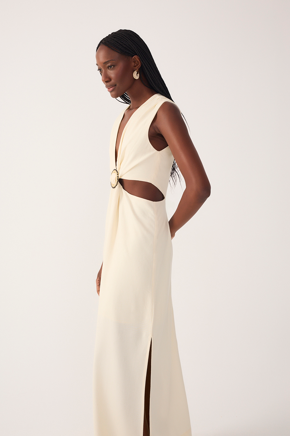 Beige V Neck Beaded Ring Linen Dress_4