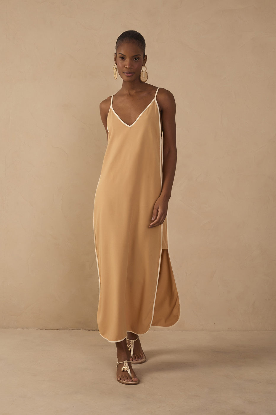 Beige V Neck Side Slit Midi Dress_1