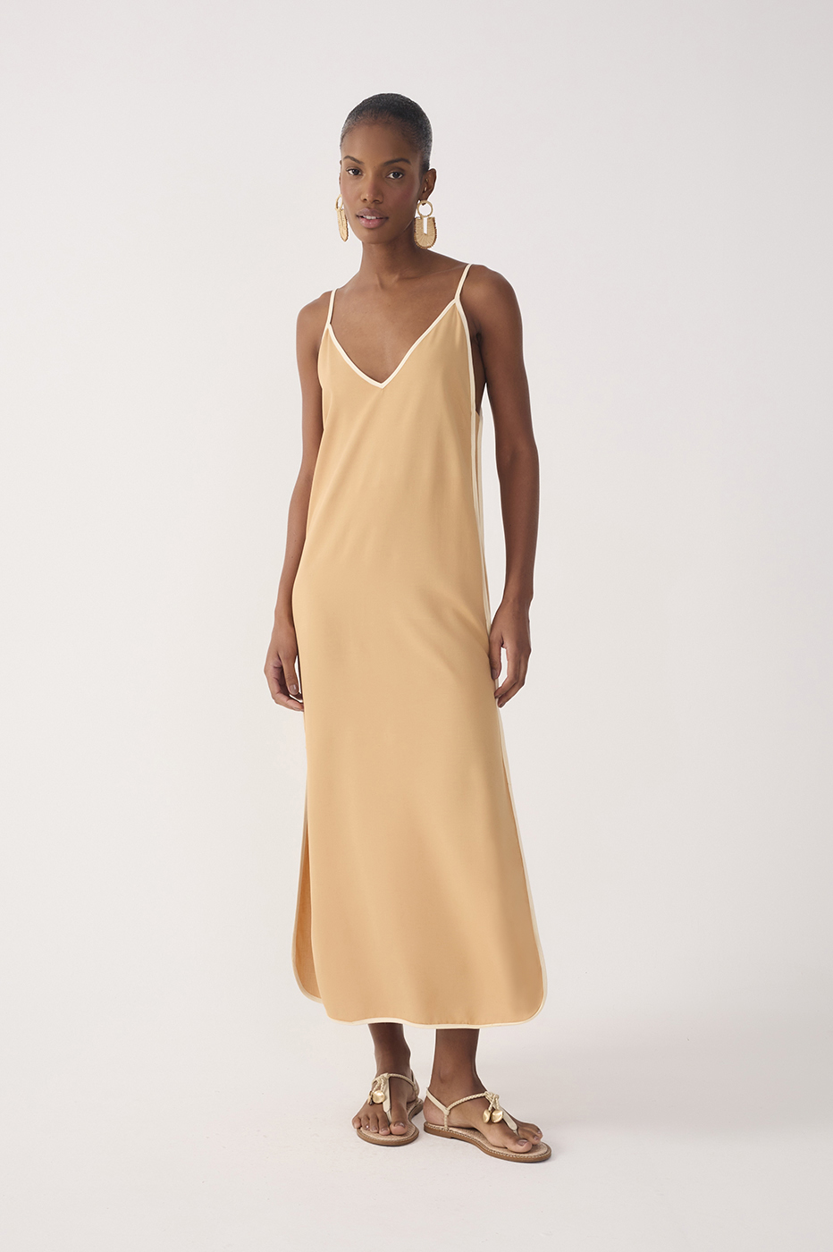 Beige V Neck Side Slit Midi Dress_2