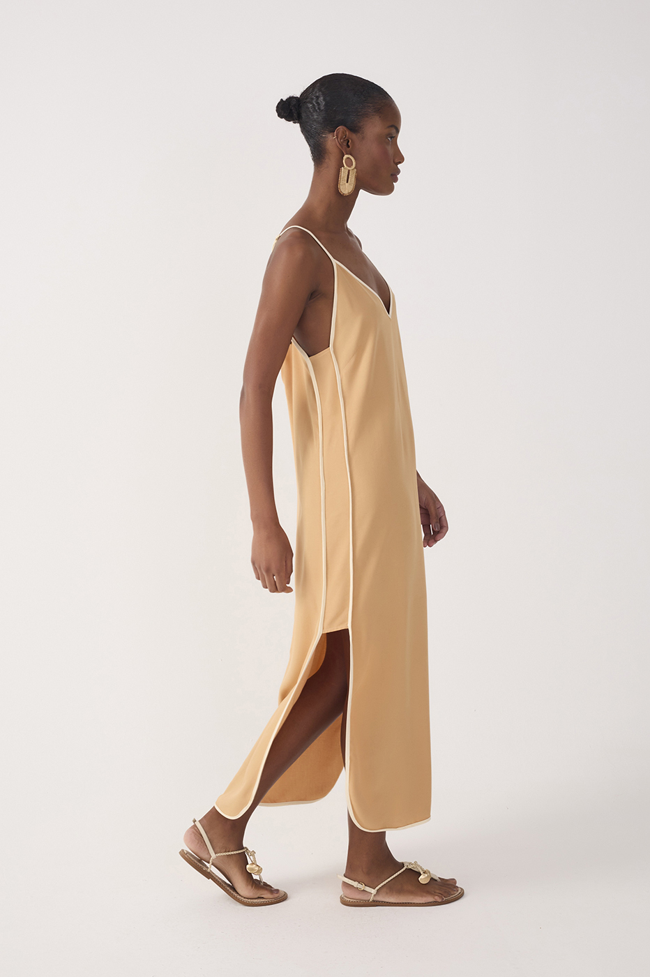 Beige V Neck Side Slit Midi Dress_3