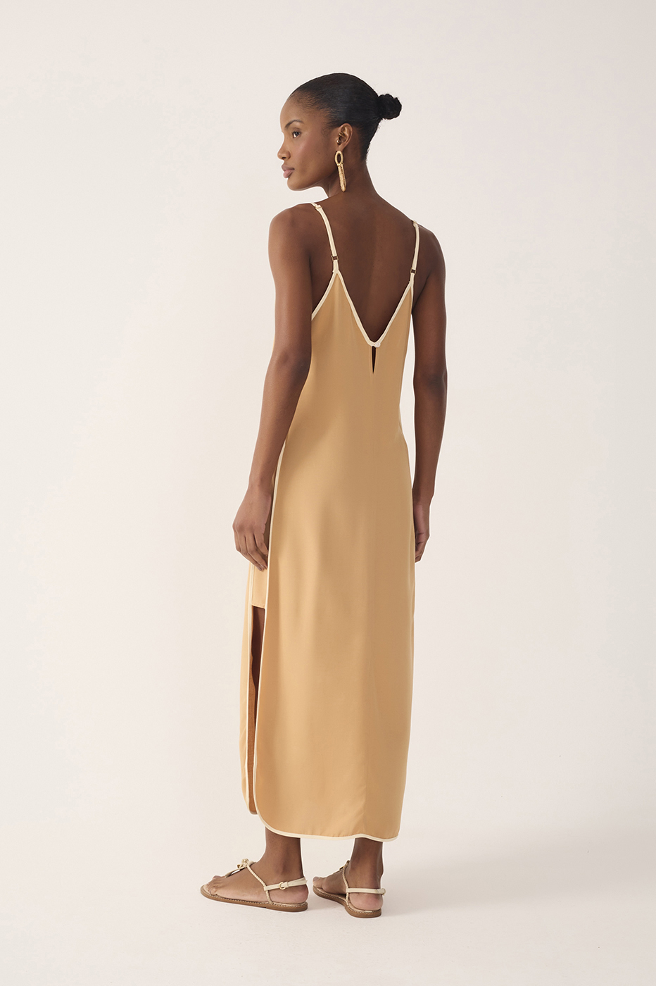 Beige V Neck Side Slit Midi Dress_6