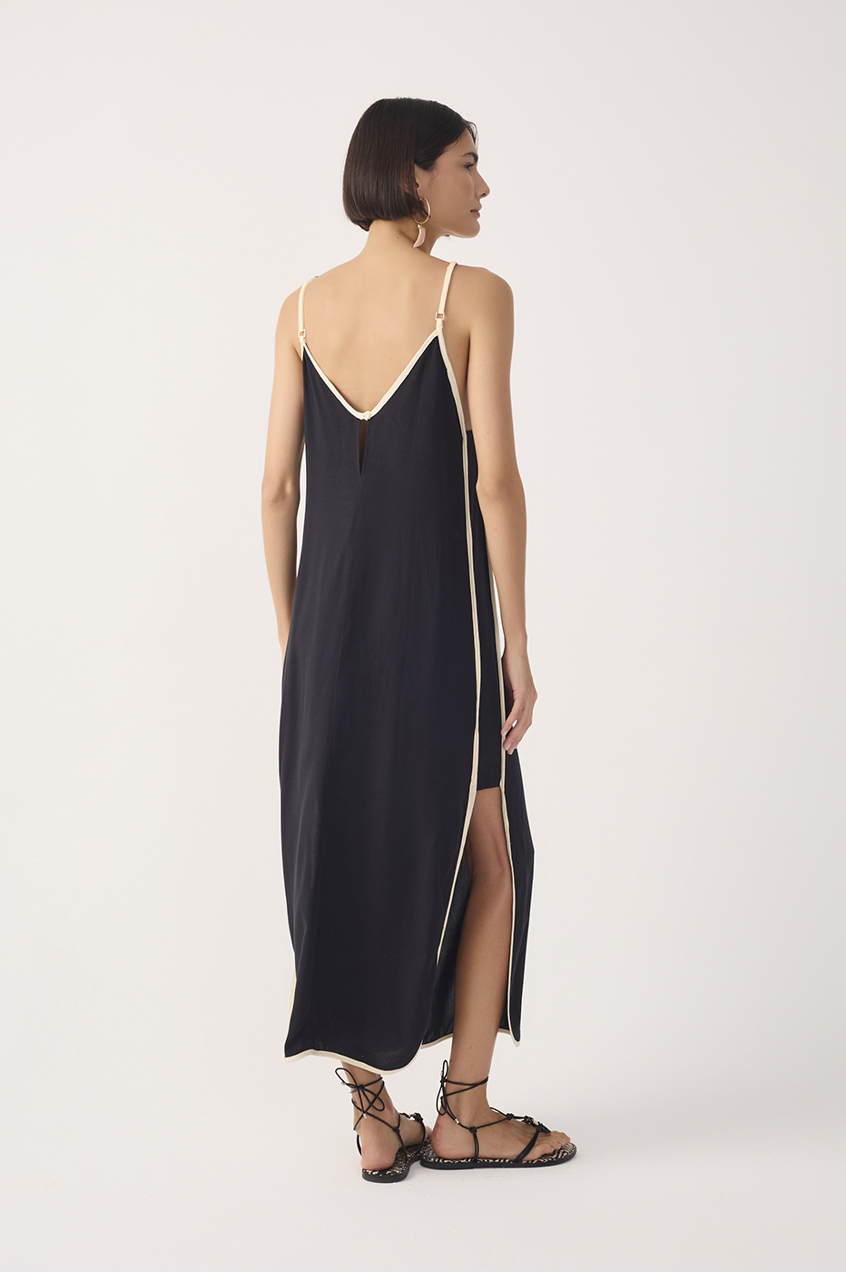 Black V Neck Side Slit Midi Dress_6
