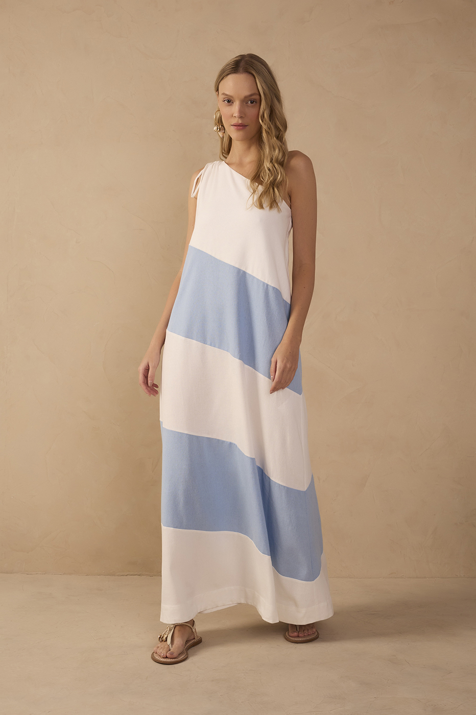 Blue Bicolor One Shoulder Linen Maxi Dress_1