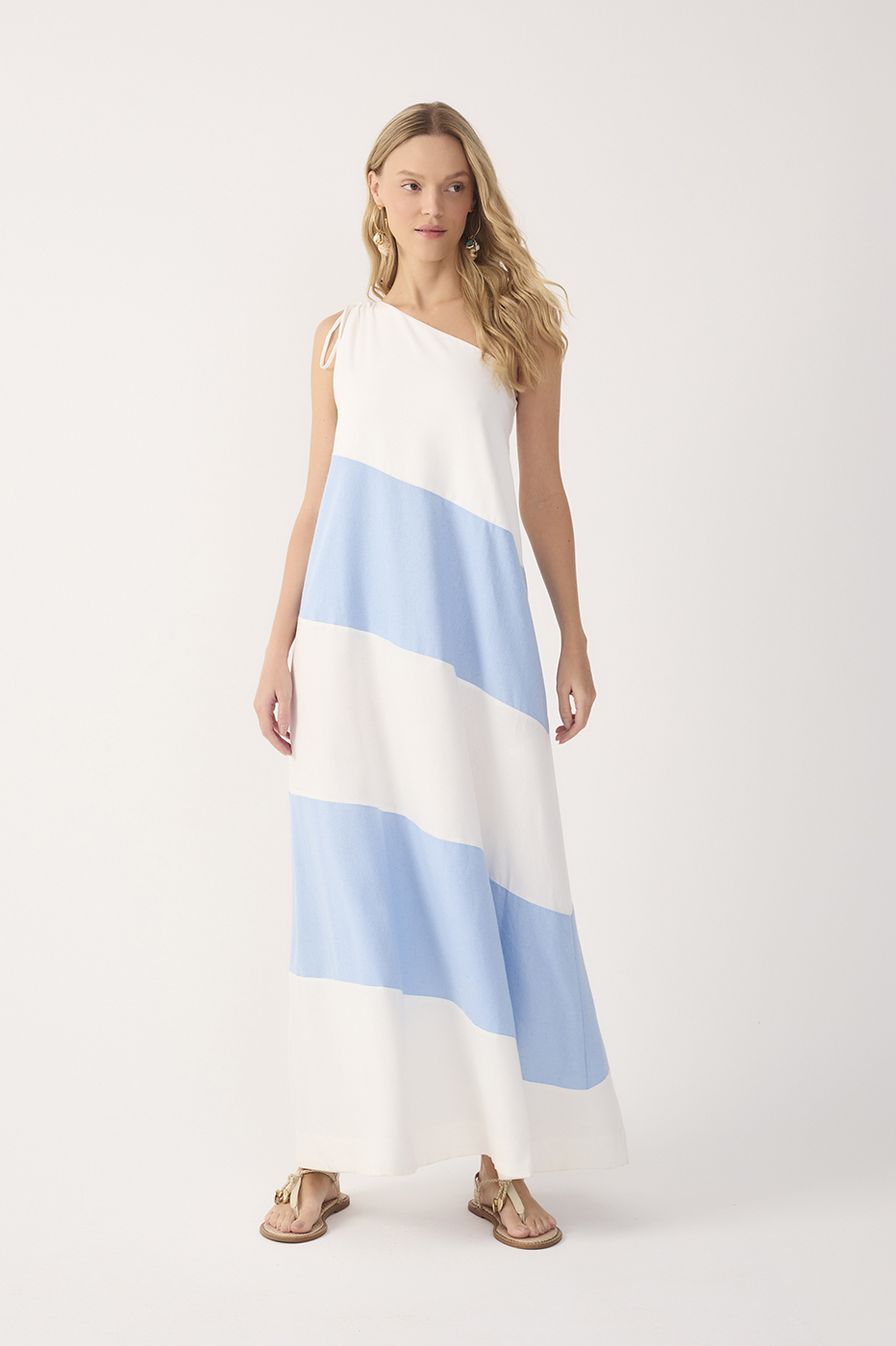 Blue Bicolor One Shoulder Linen Maxi Dress_2