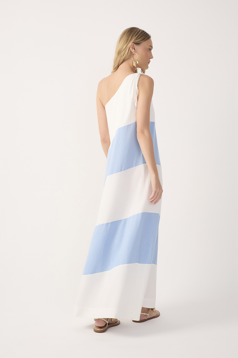 Blue Bicolor One Shoulder Linen Maxi Dress_6