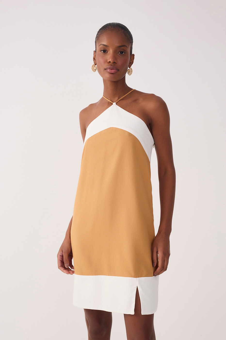Beige Bicolor Halter Neck Mini Dress_3