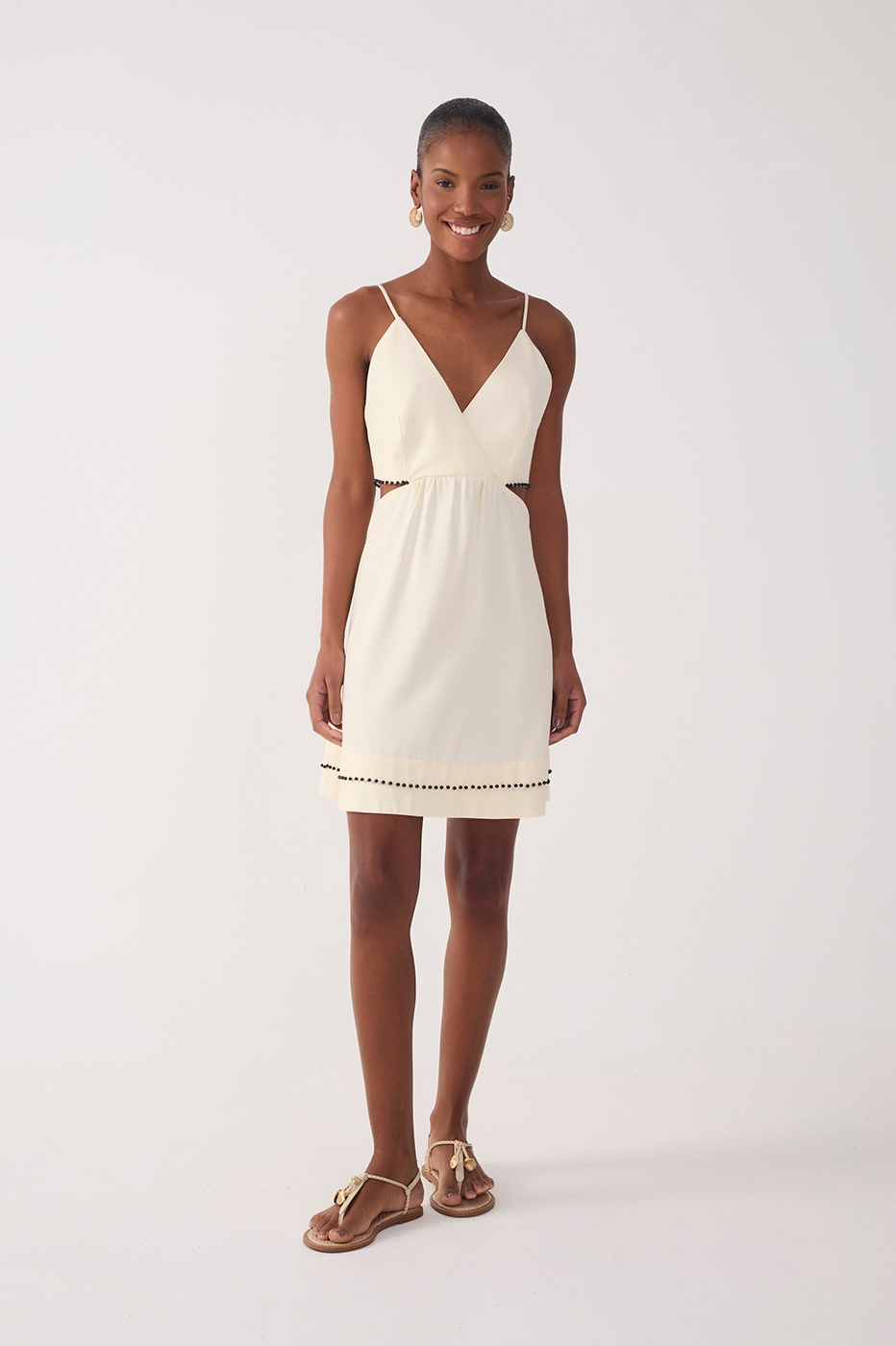 Beige Bead Embroidered Linen Mini Dress_3