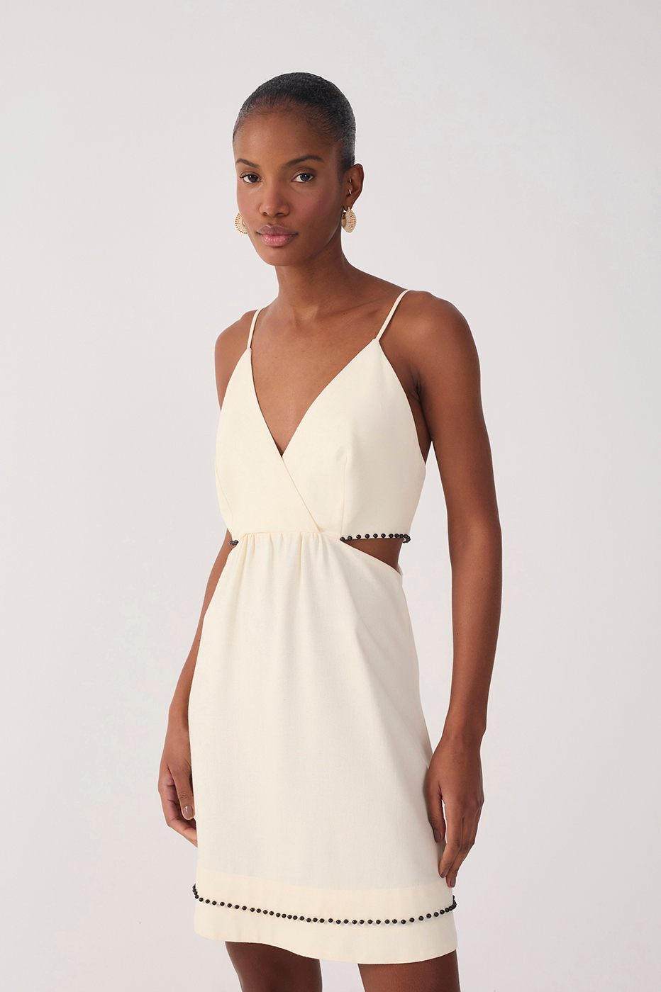 Beige Bead Embroidered Linen Mini Dress_5